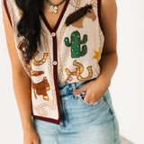 Beige Multi Western Icon Knit Button Up Vest | Queen Of Sparkles