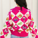 Pink Diamond Print Thanksgiving Dinner Button Up Sweater | Queen Of Sparkles