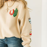 Western Patches Oversized Crew Sweatshirt | Sand
