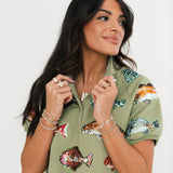 Green Multi Fish Henley Top | Queen Of Sparkles