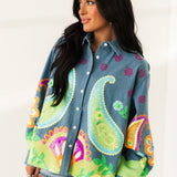 Denim & Neon Paisley Print Button Up Long Sleeve Top | Queen Of Sparkles