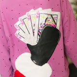 Pink Santa Hand Holding QOS Logo Cards Rhinestone Sweatshirt | Queen Of Sparkles