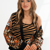 Black & Tan Tiger Stripe Button Up Cardigan With Crawling Tigers | Queen Of Sparkles