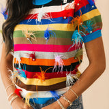 Multi Stripe Feather Short Sleeve Sweater | Queen Of Sparkles