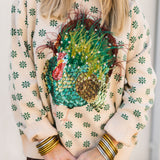 Beige & Green Flower Print Feather Turkey Sweater | Queen Of Sparkles