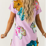 Lavender Oversized Colorful Sequin Flower Short Sleeve Dress | Queen Of Sparkles