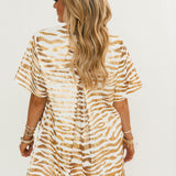White Denim With Gold Tiger Short Sleeve Dress | Queen Of Sparkles