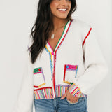 White & Rainbow Jewel Trim Button Up Cardigan | Queen Of Sparkles