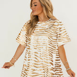 White Denim With Gold Tiger Short Sleeve Dress | Queen Of Sparkles