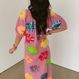 Pink Gingham Multi Flower Button Up Cotton Midi Dress | Queen Of Sparkles