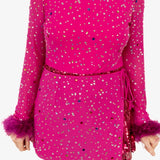 Pink Feather Sleeve Multi Rhinestone Sequin Short Romper | Queen Of Sparkles