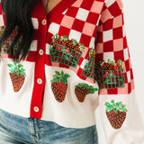 Red & White Checkered Strawberry Button Up Cardigan | Queen Of Sparkles