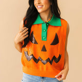 Orange Full Sequin Pumpkin Face Collar Button Up Vest | Queen Of Sparkles