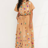 Brown & White Polka Dot Sequin Flower Cotton Maxi Skirt | Queen Of Sparkles