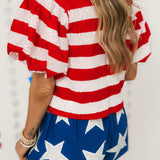 Red & White Stripe Cotton Poof Sleeve Tie Top | Queen Of Sparkles