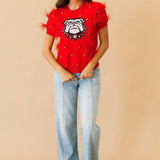 Licensed UGA Mascot Scattered Jewel Feather Short Sleeve Sweater | Queen Of Sparkles