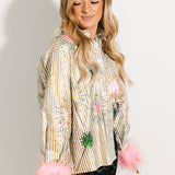 Gold Stripe Multi Sparkler Button Up Top With Pink Feather Sleeve | Queen Of Sparkles