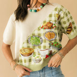 Ivory & Green Gingham Colorblock Thanksgiving Meal Knit Top | Queen Of Sparkles