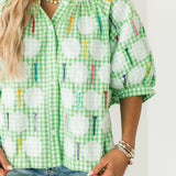 Green & White Gingham Golf Ball & Golf Tee Button Up Cotton Top | Queen Of Sparkles