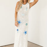 White & Blue Sea Icon Knit Pailette Tank Midi Dress | Queen Of Sparkles