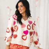 Beige Multi Doily Heart V Neck Sweatshirt