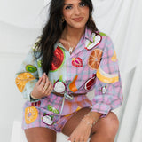 Colorblock Plaid Fruit Button Up Collar Long Sleeve Top | Queen Of Sparkles