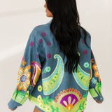 Denim & Neon Paisley Print Button Up Long Sleeve Top | Queen Of Sparkles