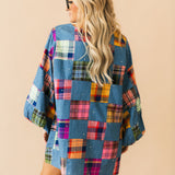 Denim and Multi Plaid Checkered Bubble Sleeve Dress | Queen Of Sparkles