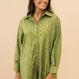 Olive Scattered Multi Rhinestone Cotton Button Up Romper | Queen Of Sparkles