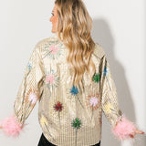 Gold Stripe Multi Sparkler Button Up Top With Pink Feather Sleeve | Queen Of Sparkles