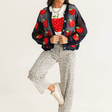 Crochet Navy & Red Sequin Apple Button Up Sweater | Queen Of Sparkles