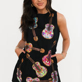 Black Multi Guitars Cotton Tank Dress