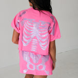 Pink Sequin Skeleton Short Sleeve Top | Queen Of Sparkles