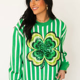 Green & White Stripe Shamrock Sweater | Queen Of Sparkles