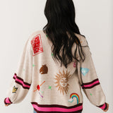 Stripe Trim Multi Icon Button Up Cardigan | Queen Of Sparkles