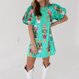 Spearmint Nutcracker Band Poof Sleeve Dress