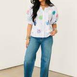 Light Blue Stripe Multi Chicken Button Up Cotton Top | Queen Of Sparkles
