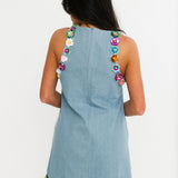 Floral Trim Denim Tank Dress | Queen Of Sparkles