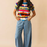 Multi Stripe Feather Short Sleeve Sweater | Queen Of Sparkles