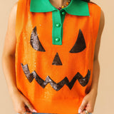 Orange Full Sequin Pumpkin Face Collar Button Up Vest | Queen Of Sparkles