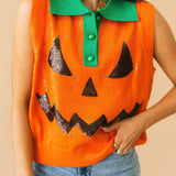 Orange Full Sequin Pumpkin Face Collar Button Up Vest | Queen Of Sparkles