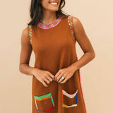 Brown Rainbow Rhinestone Trim Pocket Knit Tank Dress | Queen Of Sparkles