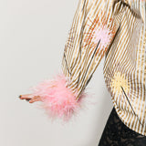 Gold Stripe Multi Sparkler Button Up Top With Pink Feather Sleeve | Queen Of Sparkles