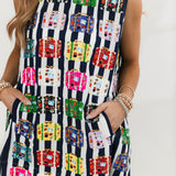 Black & White Striped Multi Vintage Suitcase Tank Dress | Queen Of Sparkles