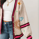 Stripe Trim Multi Icon Button Up Cardigan | Queen Of Sparkles