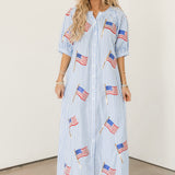 Light Blue & White Striped American Flag Cotton Button Up Midi Dress | Queen Of Sparkles