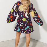 Dark Purple Multi Galaxy Button Up Cotton Bubble Sleeve Dress | Queen Of Sparkles