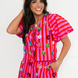 Hot Pink Stripe Sequin Flower Cotton Short | Queen Of Sparkles