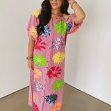 Pink Gingham Multi Flower Button Up Cotton Midi Dress | Queen Of Sparkles