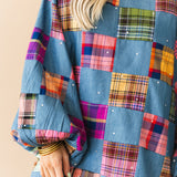 Denim and Multi Plaid Checkered Bubble Sleeve Dress | Queen Of Sparkles